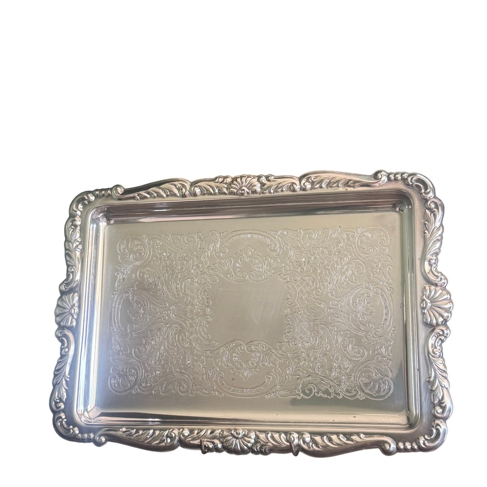 Vintage Vintage Silver Plate Rectangular Serving Tray Etched Scroll Shells